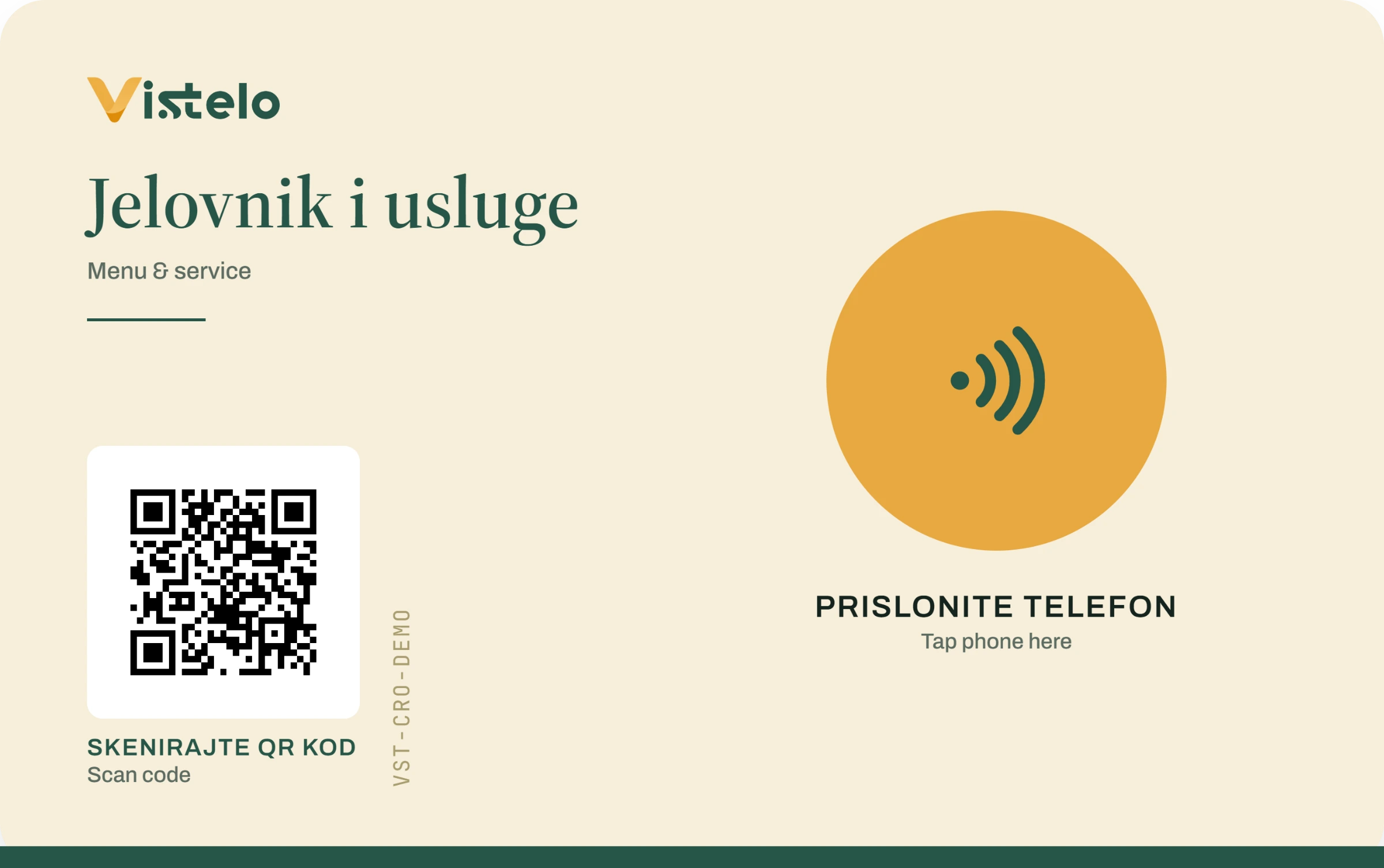Standardna Vistelo kartica za stol — dvojezična izvedba s NFC krugom za dodir i QR kodom