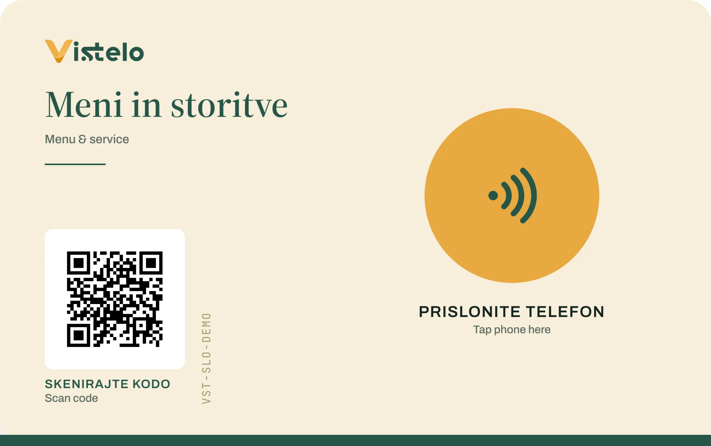 The standard Vistelo table card — bilingual design with an NFC tap circle and QR code