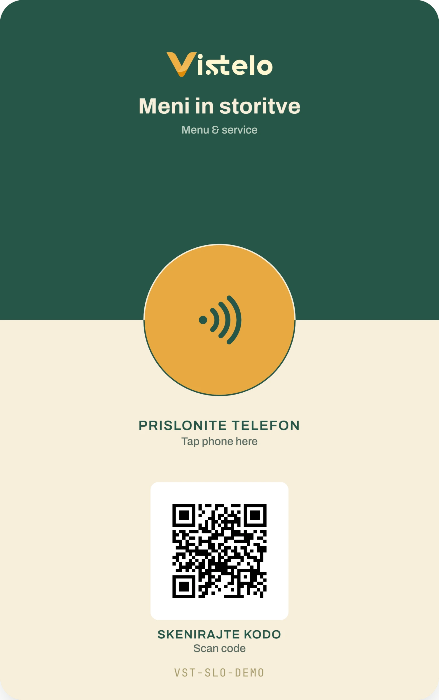 The standard Vistelo card design in both formats on a café table