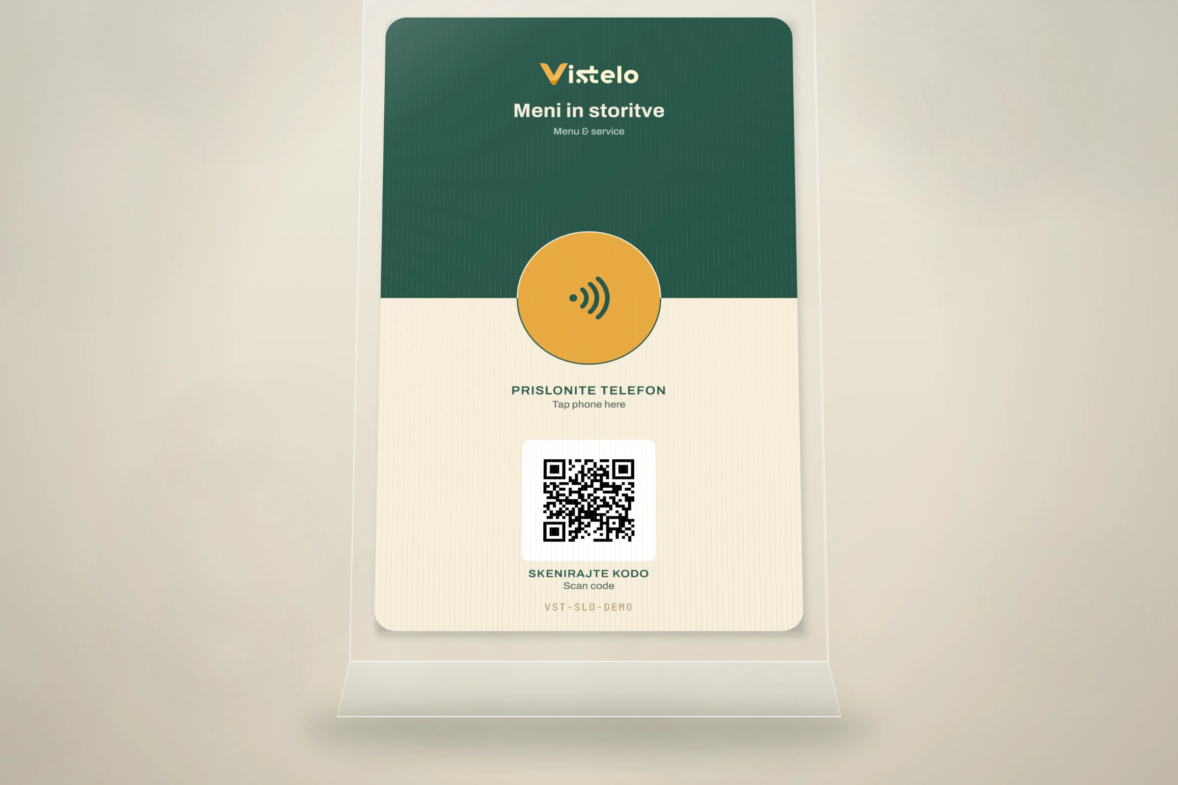The portrait Vistelo card standing in a wooden holder on a café table